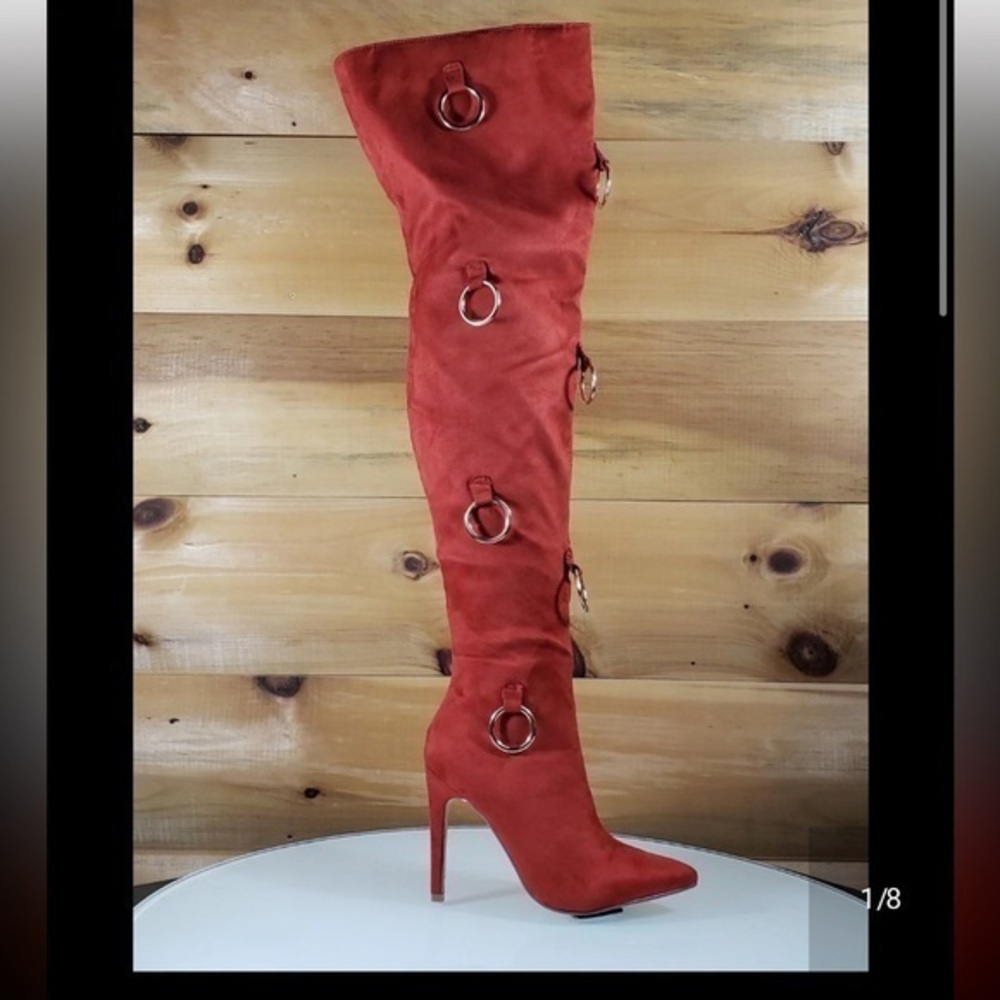 Cape Robbin Chic Red Over-the-Knee Boots Gold Rings Faux Suede Red Size 7